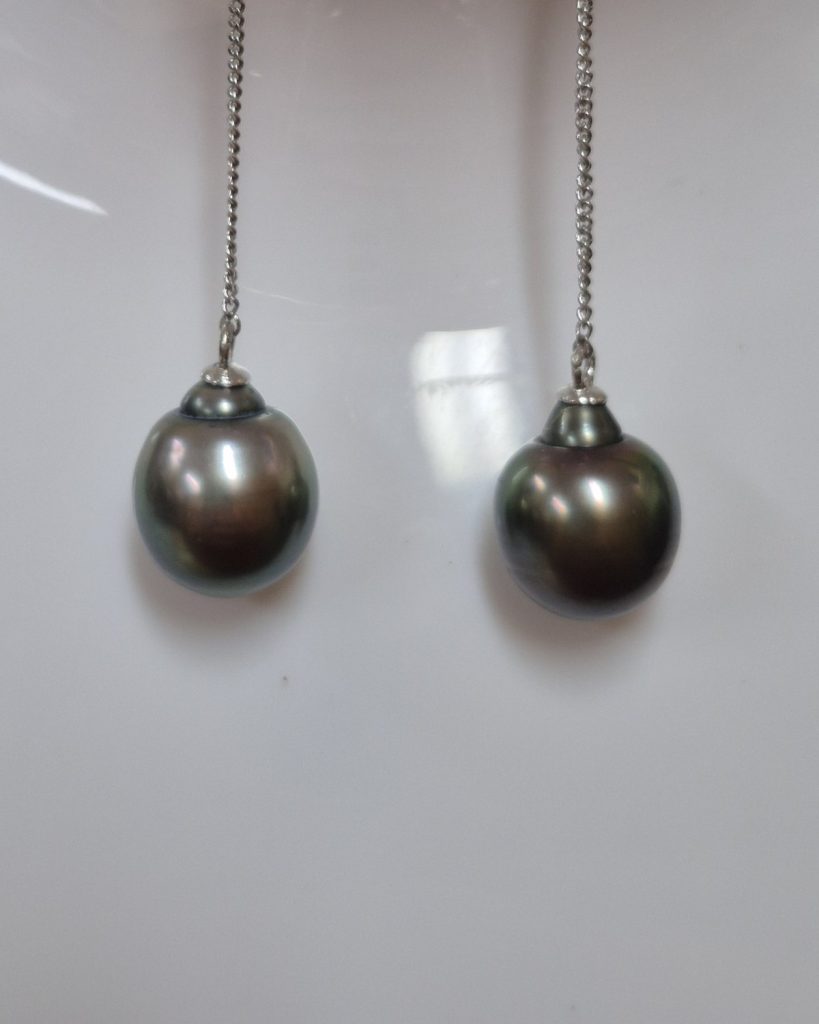 Long Chain Black Pearl Drop Earrings, a genuine Cook Islands black pearl